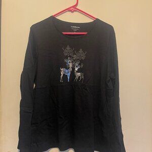Croft&Barrow Womens L CHRISTMAS Reindeers Metallic Black Long Sleeve (103)